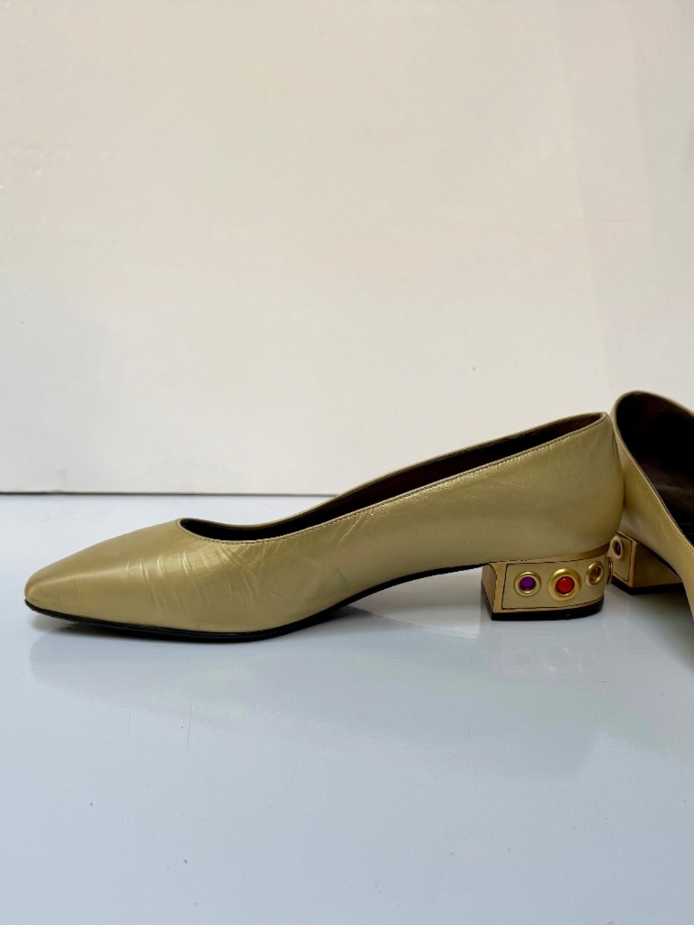 RODO Firenze Vintage Block Heels with Cabochon Stones, Gold, Early Y2K